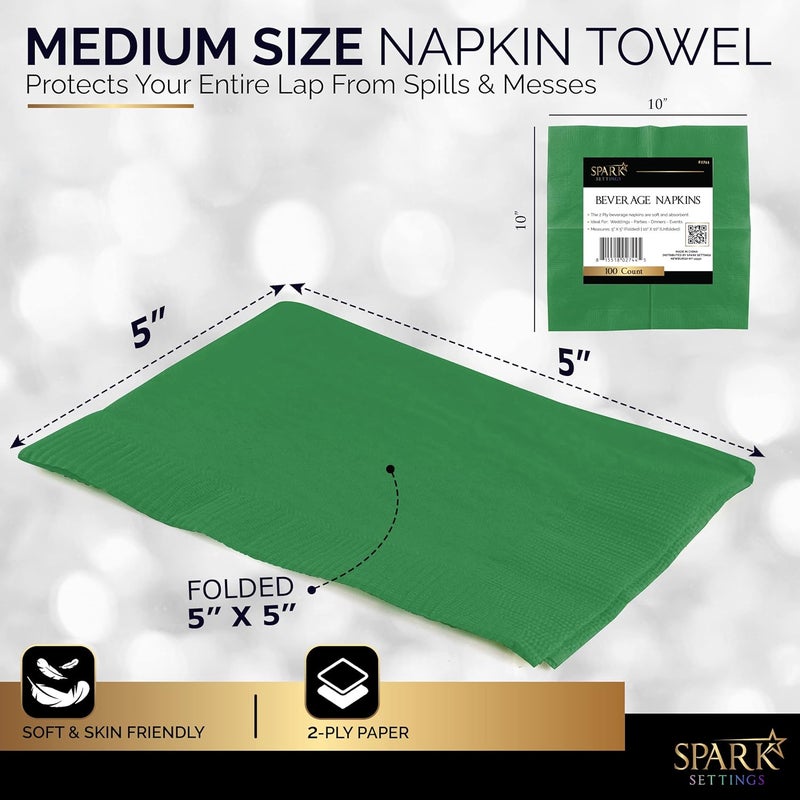 Amcrate 100 Pack Green Beverage Napkins, Big Party Pack, 2 Ply, Ideal for Wedding, Party, Birthday, Dinner, Lunch, Cocktails. (5” x 5”) by - Image 3